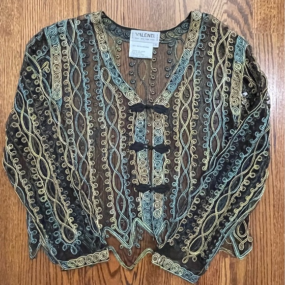 Valenti Vintage Sheer Filagree Jacket / Cover Up Blue Gold Size M - Picture 1 of 9